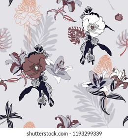 original trendy seamless artistic flower pattern, beautiful tropical floral exotic background, vector illustration