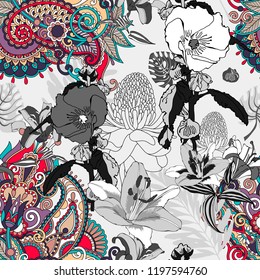 original trendy seamless artistic flower pattern, beautiful tropical floral exotic background, vector illustration