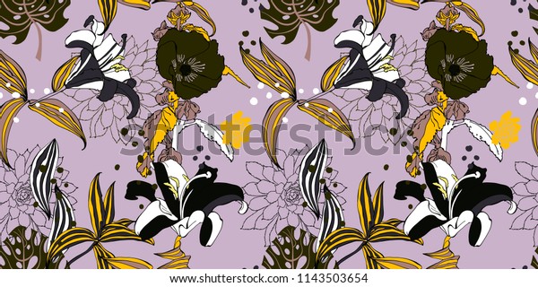 original trendy seamless artistic flower pattern, beautiful tropical floral exotic background, vector illustration