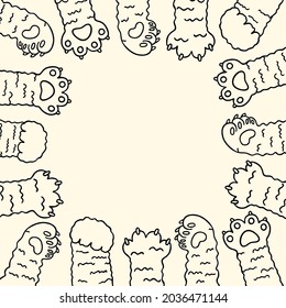 Original trendy vector illustration of a cat paw print with claws. Banner template with cat paws or kitten feet up, sketch vector illustration. Wallpaper or veterinary shop poster or flyer
