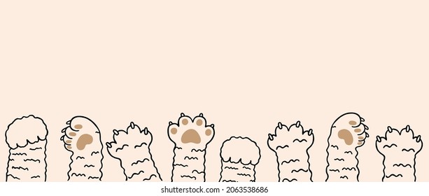 Original trendy vector illustration of a cat paw print with claws. horizontal
Banner template with cat paws or kitten feet up, sketch vector illustration. Wallpaper or veterinary shop poster or flyer