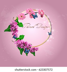 original trendy vector illustration of Japanese plum blossom or red cherry flower and lilac flower in original floral template of invitation