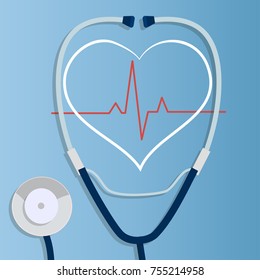 Original trendy vector illustration of realistic Stethoscope . Medical equipment collection. Heart care. Stethoscope with heart and heart rate illustration