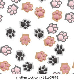 original trendy vector seamless pattern with cats and dogs paw print with claws