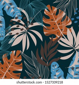 Original tropical background with bright orange and beige plants and leaves. Exotic jungle wallpaper. Hawaiian style. Exotic wallpaper.
 Beautiful exotic plants. 