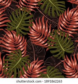 Original tropical seamless pattern with bright exotic plants and leaves on a dark background. Tropical botanical. Vintage pattern.