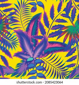 Original tropical seamless pattern with colorful exotic plants and leaves on yellow background. Colorful stylish floral. Seamless exotic pattern with tropical plants. Floral background. Exotic tropics