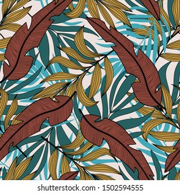 Original tropical seamless pattern with exotic plants and leaves on a white background. Botanical style. Beautiful exotic plants. Beautiful print with hand drawn exotic plants.