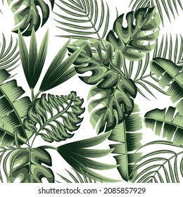 Patrón tropical original sin costuras con plantas exóticas verdes y hojas sobre fondo claro. monocromático elegante. Fondo floral. Tropos exóticos. Diseño de verano. diseño vectorial. fondo de pantalla de la jungla