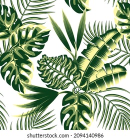 Original tropical seamless pattern with green monochromatic exotic plants and leaves on white background. Jungle foliage illustration. Exotic wallpaper. Trendy summer Hawaii print. Nature ornament 