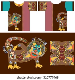 original t-shirt design with unique decorative fantasy animal in ukrainian karakoko style for printing, fashion vector illustration