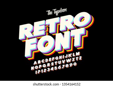 Original typeface. Retro Font 90's, 80's with colorful layers and VHS effect. Vector abc alphabet.