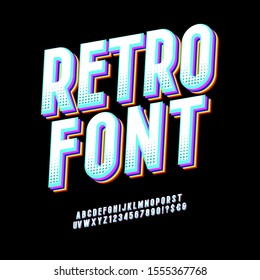 Original typeface. Retro Font 90's, 80's with colorful layers and VHS effect. Vector abc alphabet.