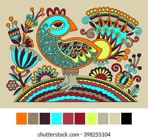 original ukrainian hand drawn ethnic decorative pattern with bird and flowers for fabric print or embroidery design, vector illustration
