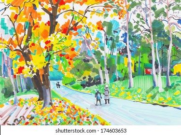 original unusual marker painting of landscape, fine art, vector version