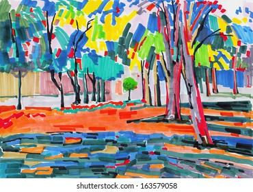 original unusual marker painting of tree landscape, fine art, vector version
