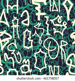 Original urban youth seamless pattern, repeating image for using on any item, T-shirts, wallpaper, curtains. Graffiti, street art. Blue green color