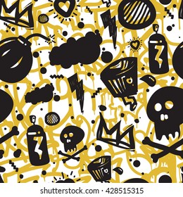 Original urban youth seamless patterns, repeating image for using pattern on any items, T-shirts, wallpaper, curtains. Themes of graffiti, street art. Accent yellow spots