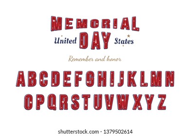 Original USA Font for Memorial Day. Latin alphabet with a set of letters for holidays. Flat illustration EPS10.