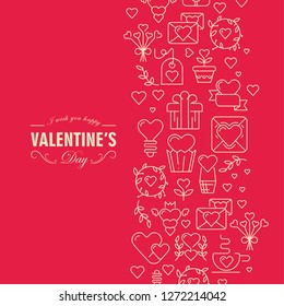 Original valentines day postcard with chain consisting of many objects and text with wishes be happy and amorous on red background vector illustration