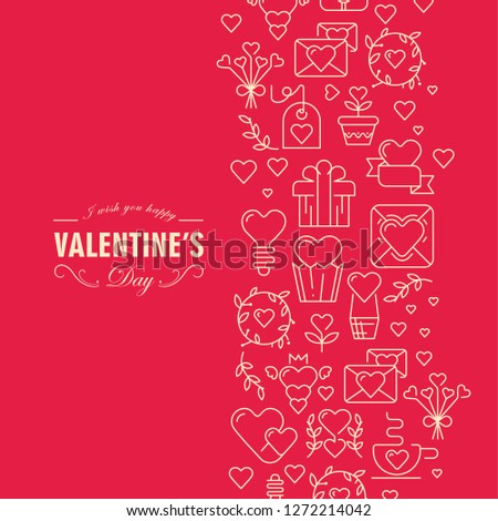 Original valentines day postcard with chain consisting of many objects and text with wishes be happy and amorous on red background vector illustration