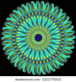 Original vector abstract geometric pattern in the form of a blue mandala arranged in a circle on a black background