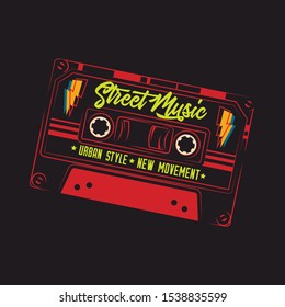 Original vector abstract illustration. A neon cassette tape.