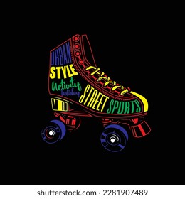 Original vector abstract illustration. Neon roller skates. T-shirt design, design element.