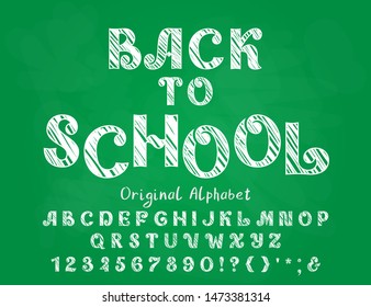 Original vector alphabet. Decorative capital English letters, numbers and signs. Sketched ornate font. Banner headline Back to school, green chalkboard.
