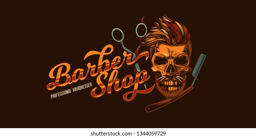Original vector barbershop logo in vintage style. Skull with mustache and hair, hairdressing scissors, straight razor