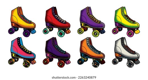 Original vector collection in neon style. Vintage roller skates. T-shirt design, design element.