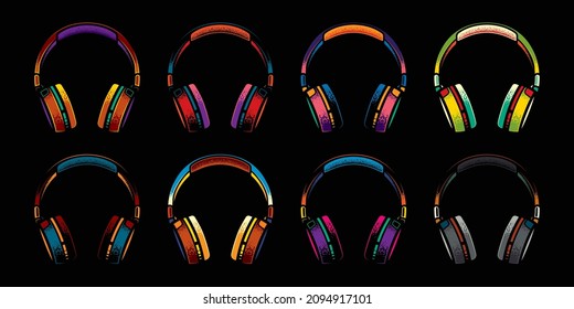 Colección vectorial original en un estilo vintage. Auriculares estéreo inalámbricos de tamaño completo con diferentes colores.