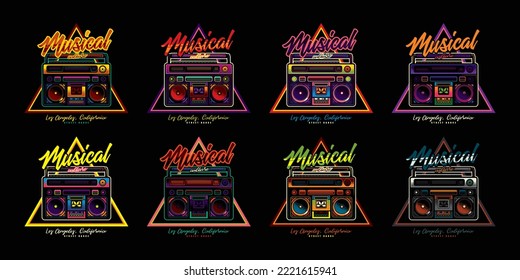 An original vector collection in a vintage style. Original vector logo in neon style. An old cassette player. Boombox. T-shirt design, design element.