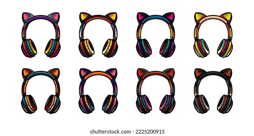 Colección vectorial original en un estilo vintage. Auriculares estéreo inalámbricos de tamaño completo con orejas de colores diferentes.