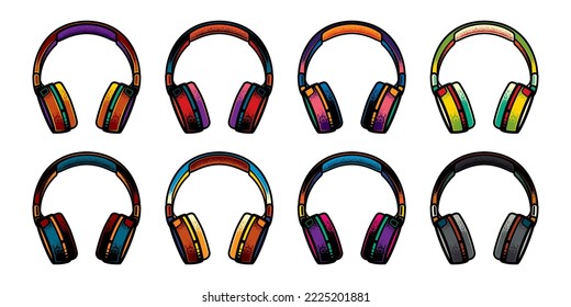 Colección vectorial original en un estilo vintage. Auriculares estéreo inalámbricos de tamaño completo con diferentes colores.