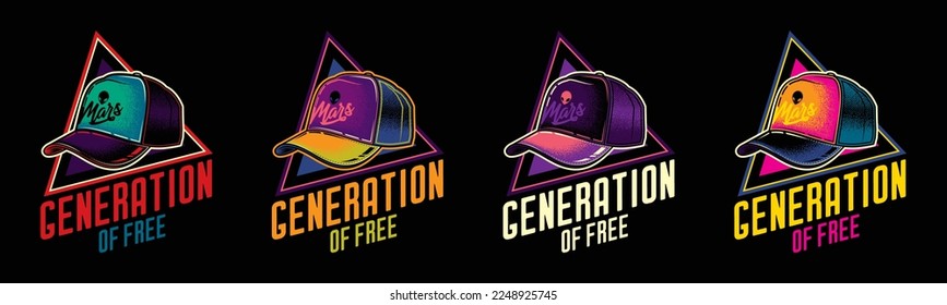 An original vector collection in a vintage style. Stylish baseball cap on the background of a text composition. T-shirt design