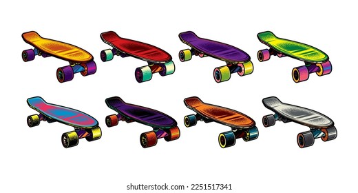 Colección vectorial original en estilo vintage. Patineta de diferentes colores.