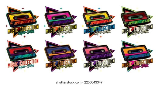 An original vector collection in a vintage style. Original vector emblem in retro style. Vintage music cassette with magnetic tape.