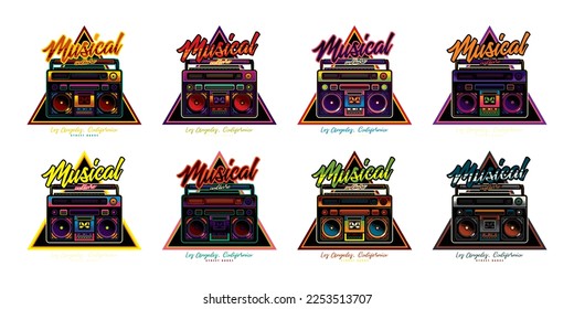 An original vector collection in a vintage style. Original vector logo in neon style. An old cassette player. Boombox. T-shirt design, design element.