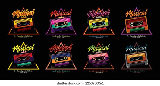 Colección vectorial original en estilo vintage. Emblema vectorial musical al estilo neón. Diseño de camisetas, elemento de diseño.