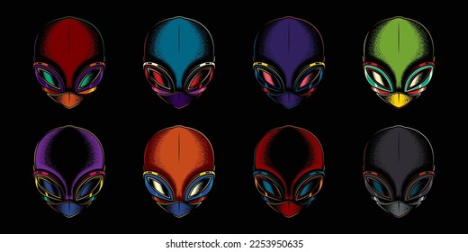 Original vector collection in vintage style. Neon illustration of an alien's head in retro style. Design elements