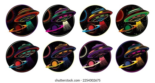 An original vector collection in a vintage style. Flying saucer in space on the background of planets