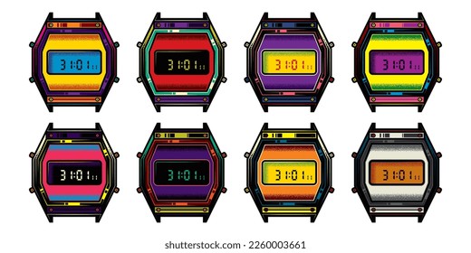 Original vector collection in vintage style. Old electronic wristwatch with alarm clock and flashlight in retro style. T-shirt design. A design element.