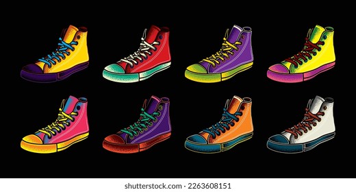 Original vector collection in vintage style. Retro sneakers in neon style. T-shirt design, design element.