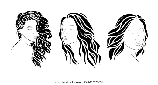 Colección vectorial original en estilo vintage. Silhouette de una chica con un hermoso cabello. Diseño de camisetas. Elementos de diseño.