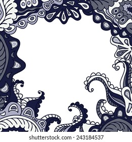 Original vector decorative frame. Backdrop design of colorful vintage frame. Hand-drawn frame with bright doodling elements for background design. Abstract wavy sea background with tentacles.