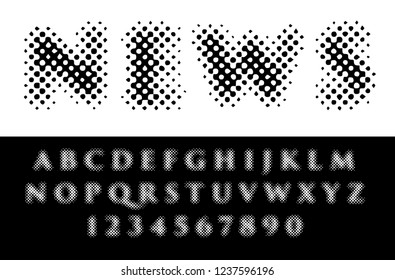 original vector dotted raster font, halftone grunge alphabet