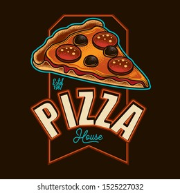 The original vector emblem of fast food establishments. Slice of pizza with salami and cheese.