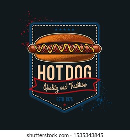 The original vector emblem fast food establishments. Hot dog with sausage and gravy.
