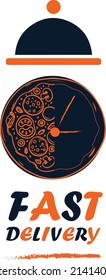 El emblema vectorial original de los establecimientos de comida rápida y la pizza de entrega. Ropa de pizza y reloj.